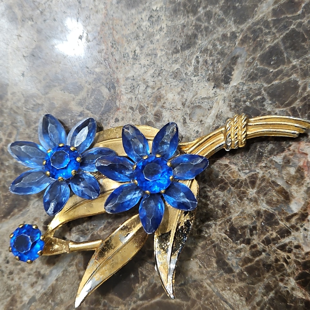 Blue Floral 3 Cluster Vintage Large‎ Brooch Statement Blue Brooch